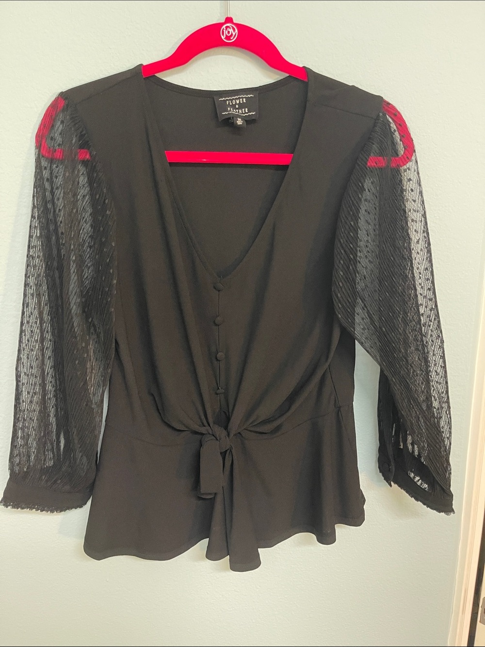 Flowy Black Tie-Front V-Neck Blouse by Flower and Feather